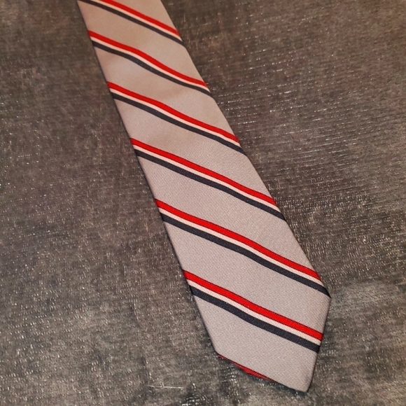Skinny Grey Necktie with Red & Black Stripes - Picture 2 of 4